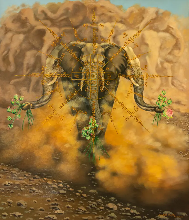 "The Universe" painting of 3-headed elephant with yantra for "Wild Spirits, Sacred symbols" art exhibit